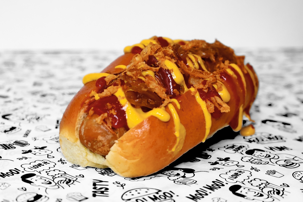 Moo moo burgers mad-dog: A hotdog with ketchup, mustard, crispy onions and jalapeños.