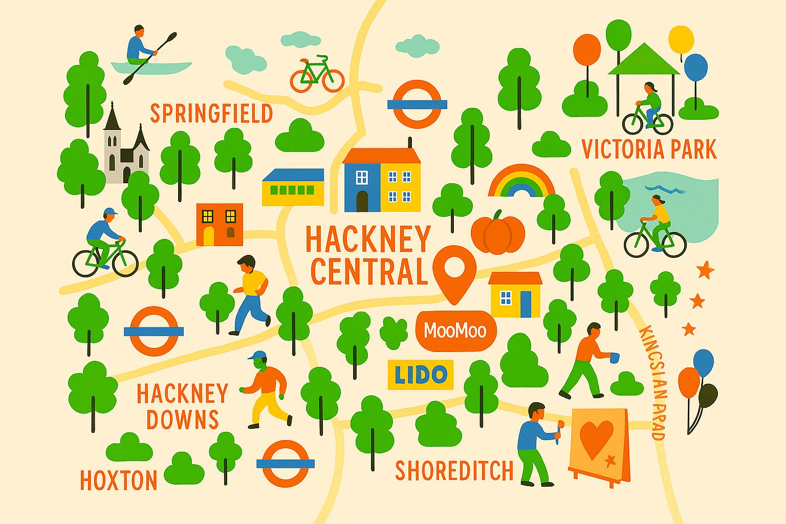 Map showing Moo Moo Burger's Hackney Central location including surrounding areas (Springfield, Victoria park, Shoreditch, Hackney Downs & Hoxton)